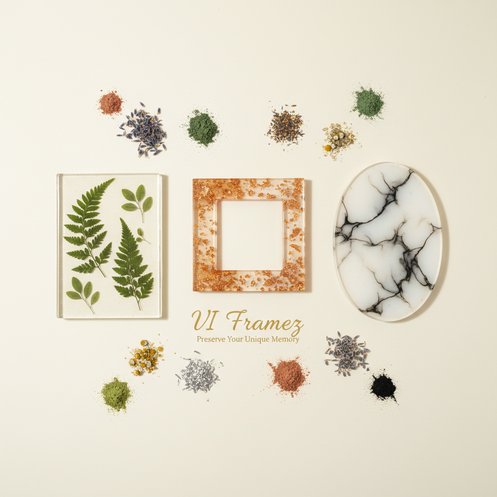 An arrangement of three distinct handmade resin frames styled as a product flat lay on a smooth ivory backdrop. One frame features clear resin with pressed green ferns, another displays warm amber-tinted resin with scattered copper flakes, and the third combines milky white resin with fine black ink veining reminiscent of marble. Around the frames lie small piles of dried flowers, metallic flakes, and pigment powders, hinting at the creative process. Soft, evenly diffused studio lighting eliminates harsh shadows and produces a clean, modern look. Shot from a bird’s-eye view with precise, balanced composition, the photographic realism emphasizes the sophisticated artistry and variety of VI Framez, reinforcing the brand’s message that every picture can be preserved as a unique memory.