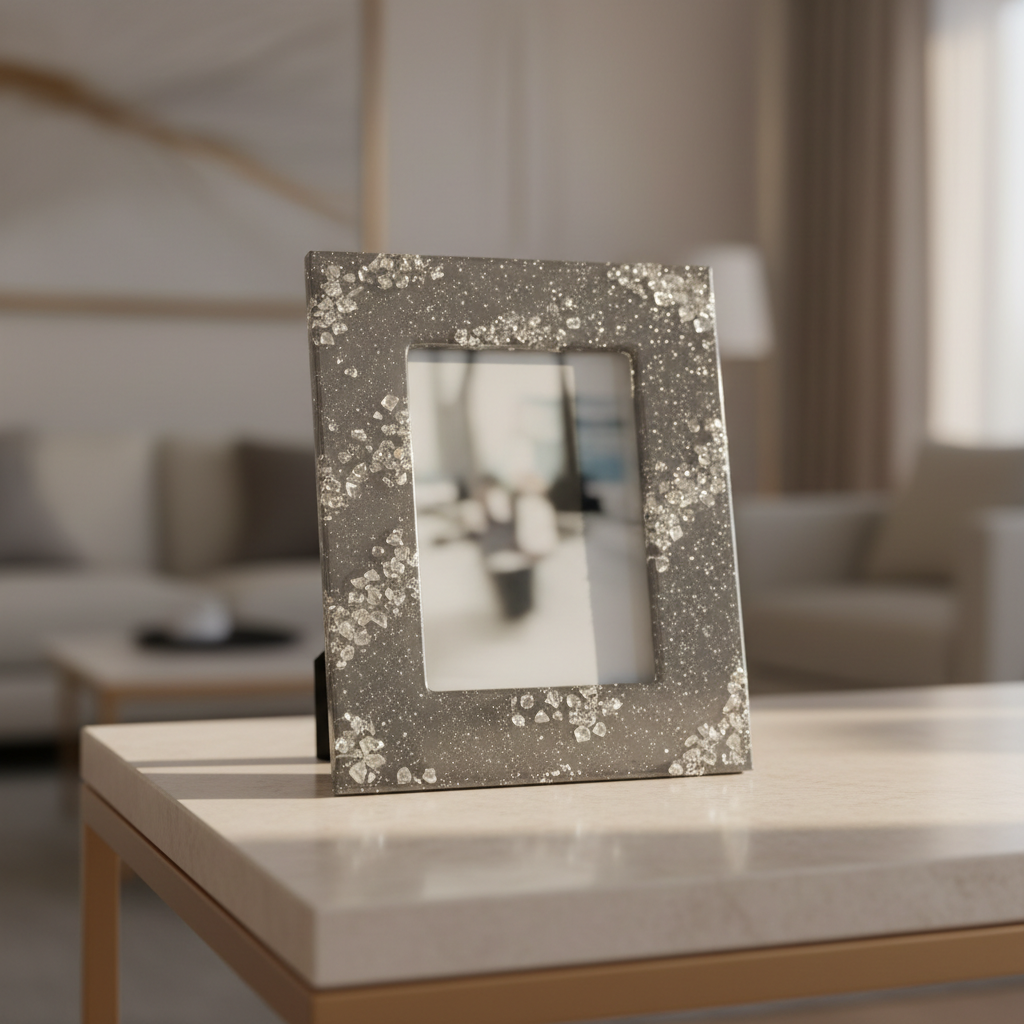 A single luxury resin photo frame standing upright on a smooth, light stone console table, filled with translucent smoky-gray resin infused with fine silver shimmer and tiny embedded crystals along the border. Inside rests a softly faded, indistinct photograph, hinting at a treasured moment. Behind the frame, a blurred background of a refined living space with muted neutral tones adds context without distraction. Gentle late-afternoon natural light streams from the right, casting a subtle glow through the resin and producing delicate reflections on the table’s surface. The mood is calm and sophisticated, captured in photographic realism from a slightly elevated angle with rule-of-thirds composition, emphasizing the frame’s craftsmanship and the idea of a memory frozen beautifully in time.