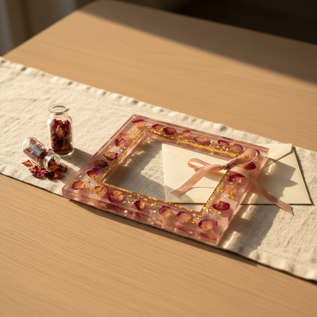 A romantic-themed resin frame resting on a delicate linen runner atop a pale oak table, styled for an intimate, memory-focused aesthetic. The frame is made from translucent blush-pink resin with embedded dried rose petals, tiny iridescent flakes, and a thin band of gold foil tracing the inner edge. Around it sit a small glass vial of loose petals and a closed, ribbon-tied envelope, all tastefully arranged and free of text. Late golden-hour sunlight pours in from the left, creating warm highlights, gentle shadows, and a soft glow through the resin. Photographic realism with a dreamy, sentimental mood, captured from a slightly elevated three-quarter angle with shallow depth of field to emphasize the delicate details and the idea of love-filled memories preserved in time.