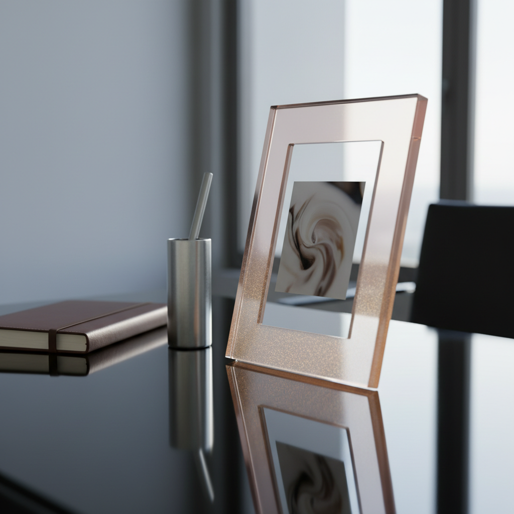 A minimalist resin frame designed for a modern office setting, placed on a sleek black glass desk beside a closed leather notebook and a slim, metallic pen holder, all without showing any people. The frame is crafted from ultra-clear resin with a sharply beveled edge, its border subtly tinted with a gradient from champagne to soft rose gold. Inside, a softly blurred abstract image represents a professional milestone. Cool, diffused daylight from a large unseen window reflects off the glass desk and along the frame’s polished edges, creating crisp highlights and refined reflections. Photographic realism with a cool, composed mood, shot at a slightly low angle to emphasize the frame as a focal point of sophistication and memory in a contemporary workspace.