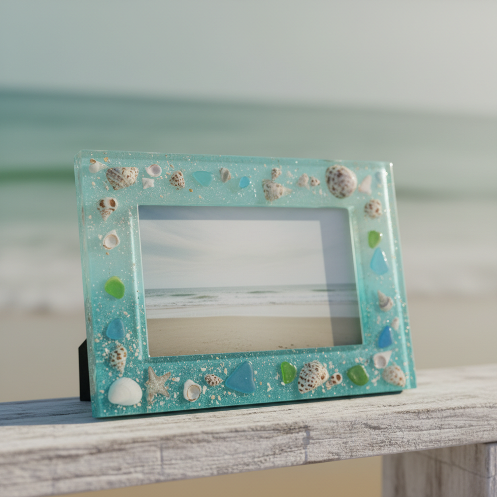 A coastal-inspired resin frame displayed on a weathered, pale driftwood shelf, against a softly blurred backdrop of muted seafoam and sand tones. The frame’s border is composed of clear aqua-tinted resin that fades to transparent, containing tiny seashell fragments, grains of sand, and minuscule pieces of polished sea glass. A softly faded, indistinct beach photograph sits inside, reinforcing the theme without clear faces. Natural daylight from an unseen window to the right creates gentle reflections in the resin and subtle highlights on the embedded objects. The photographic realism captures a serene, nostalgic atmosphere, shot at eye level with rule-of-thirds composition and a gentle background bokeh, evoking beachside memories frozen beautifully in time.