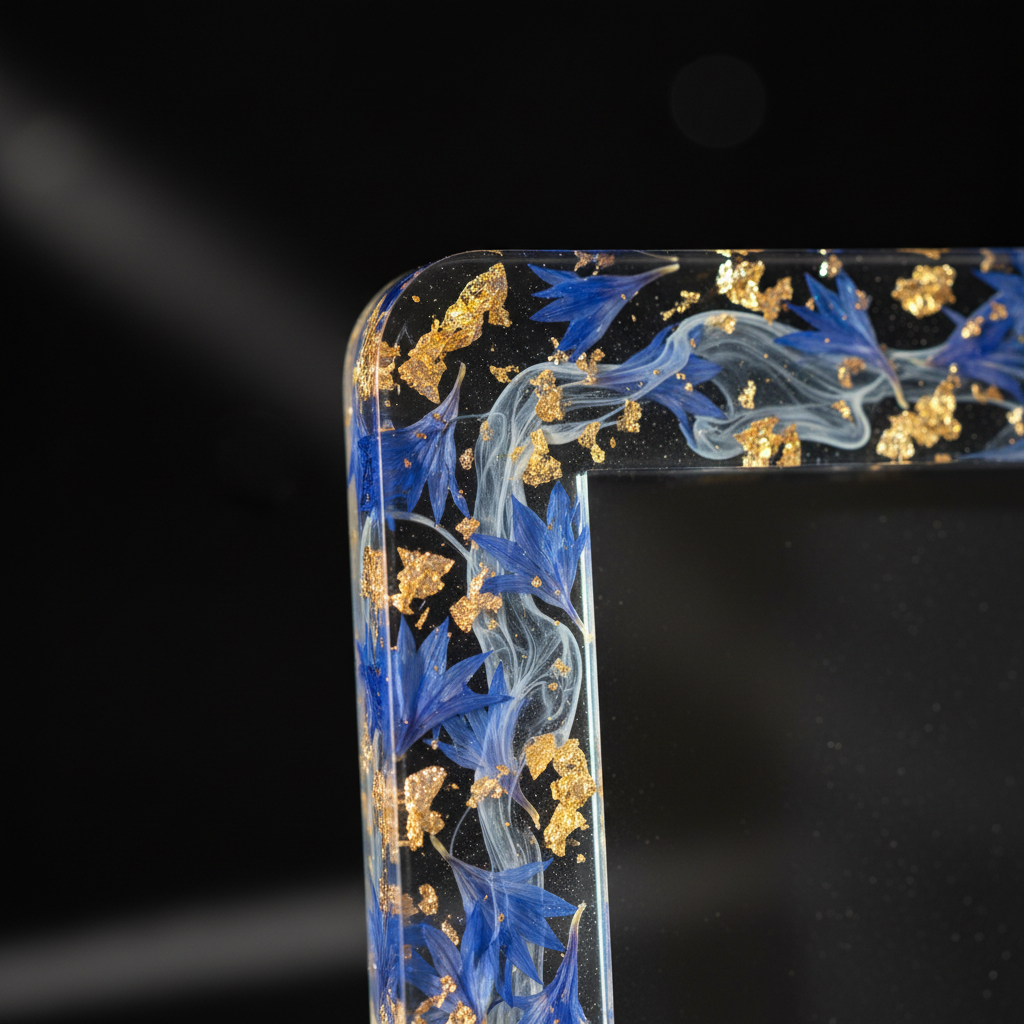 A close-up, macro-style photographic image of the corner of a resin photo frame, revealing exquisite detail in the layered materials. The resin is crystal clear with embedded pressed blue cornflowers, tiny fragments of gold leaf, and faint marbling of milky white pigment. The frame rests on a matte black background that fades into soft bokeh, allowing the textures and clarity of the resin to stand out. A narrow beam of diffused studio light from the left highlights the glossy surface and creates a delicate rim of light along the edge, while subtle shadows add depth. The composition is tight and asymmetrical, with shallow depth of field to showcase the artistry, sophistication, and tactile beauty of handmade resin craftsmanship.