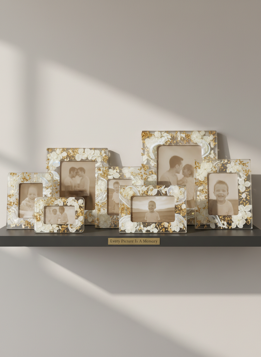 A collection of elegant handmade resin photo frames displayed on a matte charcoal shelf, each frame in varying sizes and rectangular shapes. The frames feature clear, glasslike resin with suspended dried white hydrangea petals, gold leaf flakes, and subtle pearlescent swirls. In each frame, a softly blurred placeholder photograph suggests cherished memories without readable details. Soft studio lighting from the upper left creates refined highlights along the polished resin edges and gentle shadows on the wall behind. The background is minimalist and out of focus, emphasizing the frames. Photographic realism with a sophisticated, gallery-like atmosphere, shot at eye level with a shallow depth of field to convey “Every Picture Is A Memory” in a timeless, modern way.
